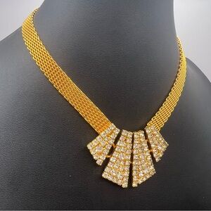 Gorgeous Gold Tone Mesh Necklace w/ Vintage Prongset Rhinestone Art Deco Center
